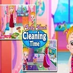 Dziewczynka i kobieta w różowych ubraniach stoją w kolorowym pokoju, trzymając ręczniki, z napisem Cleaning Time