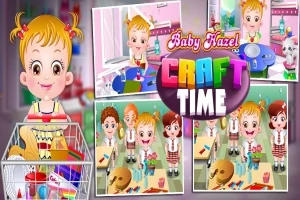 Dziewczynka z kokardkami trzyma koszyk na zakupy, wokół niej sceny z zajęć plastycznych oraz kolorowy napis Craft Time