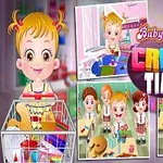 Dziewczynka z kokardkami trzyma koszyk na zakupy, wokół niej sceny z zajęć plastycznych oraz kolorowy napis Craft Time