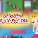 Dwoje małych dzieci na kolorowym tle zabawek i napisem Baby Hazel Daycare