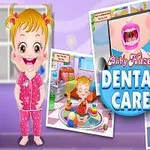 Dziewczynka w różowej piżamie z blond włosami na fioletowym tle, otoczona trzema zrzutami ekranu z ujęciami związanymi z pielęgnacją jamy ustnej