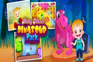Dziewczynka stojąca obok różowego dinozaura na tle z kolorowymi ilustracjami i napisem Baby Hazel Dinosaur Park