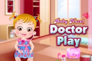 Dziewczynka z blond włosami i stetoskopem w pokojowym otoczeniu z kolorowym napisem Baby Hazel Doctor Play