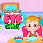 Lekarka z czerwonymi włosami trzymająca clipboard obok małej dziewczynki w krzesełku z miską owoców i kroplami do oczu na stole, z kolorowym napisem Baby Hazel Eye Care w tle