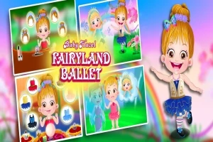 Dziewczynka w stroju do baletu z kokardką we włosach, otoczona kolorowymi ilustracjami i tekstem Fairyland Ballet