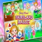 Dziewczynka w stroju do baletu z kokardką we włosach, otoczona kolorowymi ilustracjami i tekstem Fairyland Ballet