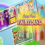 Dziewczynka w niebieskiej sukience stoi na tle zamku, z napisem Baby Hazel Fairyland oraz trzema okienkami z różnymi scenkami