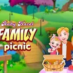 Rodzina z dziećmi spędza czas na pikniku w parku, z koszykiem pełnym jedzenia na stole