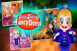 Postać dziewczynki w stroju peacocka na tle scenki z innymi postaciami, z kilkoma miniaturami przedstawiającymi różne sytuacje