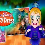 Postać dziewczynki w stroju peacocka na tle scenki z innymi postaciami, z kilkoma miniaturami przedstawiającymi różne sytuacje