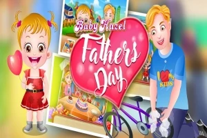 Dziewczynka trzyma różowy balon w kształcie serca, obok mężczyzny z rowerem i napisem Fathers Day na tle kolorowych ilustracji