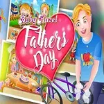 Dziewczynka trzyma różowy balon w kształcie serca, obok mężczyzny z rowerem i napisem Fathers Day na tle kolorowych ilustracji