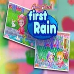 Dziecko siedzące na koniku na biegunach z królikiem pluszakiem, obok dwa małe zdjęcia przedstawiające dzieci bawiące się w deszczu oraz napis first Rain