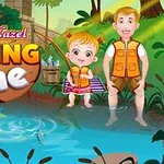 Dziewczynka i chłopiec stoją w płytkiej wodzie z wędką, otoczeni bujną roślinnością, z koszem ryb w tle