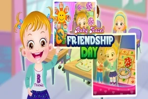 Dziewczynka o jasnych włosach w sali z innymi dziećmi, kolorowe ilustracje i napis Friendship Day