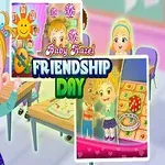 Dziewczynka o jasnych włosach w sali z innymi dziećmi, kolorowe ilustracje i napis Friendship Day