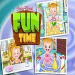 Postać małej dziewczynki z blond włosami na niebieskim tle, obok trzy małe obrazki z jej różnymi aktywnościami