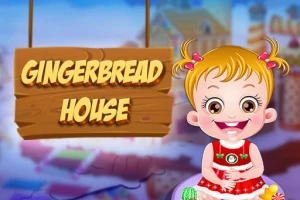 Dziewczynka z kokardkami na włosach w czerwonej sukience, uśmiechnięta na tle kolorowej, bajkowej scenerii z szyldem Gingerbread House