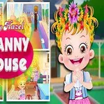 Dziewczynka z kwiatową koroną na głowie stoi obok kolorowego napisu Baby Hazel Granny House na tle kilku scenek z postaciami w różnych pomieszczeniach