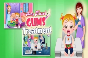 Dziewczynka siedząca na fotelu dentystycznym z wyrazem zmartwienia, obok plakat z kolorowymi obrazkami i tytułem Baby Hazel Gums Treatment