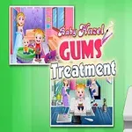 Dziewczynka siedząca na fotelu dentystycznym z wyrazem zmartwienia, obok plakat z kolorowymi obrazkami i tytułem Baby Hazel Gums Treatment