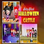 Dziewczynka w stroju diabełka i grafika zapowiadająca przygody w halloweenowym zamku z kilkoma scenkami na tle