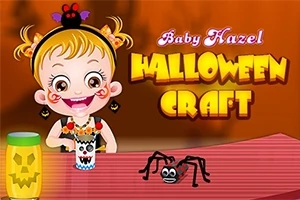 Dziewczynka z uśmiechem ozdabia stół na Halloween, na którym znajdują się słoik z dynią i papierowy pająk
