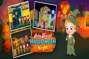 Postać dziecka w czarowniczym kostiumie na tle halloweenowych dekoracji i trzech obrazków z motywami halloweenowymi