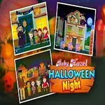 Postać dziecka w czarowniczym kostiumie na tle halloweenowych dekoracji i trzech obrazków z motywami halloweenowymi