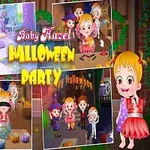 Kilka kolorowych ilustracji przedstawiających dzieci w strojach na Halloween, bawiące się podczas imprezy, z jednym dzieckiem przebranym za mumię