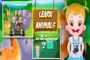 Dziewczynka z aparatem na szyi, tło z napisem Learn Animals oraz obrazek z safari z różnymi zwierzętami i przyrodą