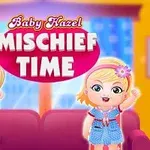 Dwie uśmiechnięte postacie dzieci stojące na tle kanapy z kolorowym napisem Mischief Time powyżej