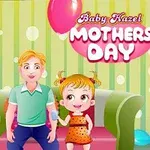 Rodzinna scena przedstawiająca uśmiechniętą dziewczynkę z rodzicami w kolorowym pokoju z balonami i napisem Mothers Day