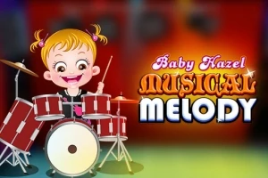 Dziewczynka przy zestawie perkusyjnym na kolorowym tle z napisem Musical Melody