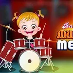 Dziewczynka przy zestawie perkusyjnym na kolorowym tle z napisem Musical Melody