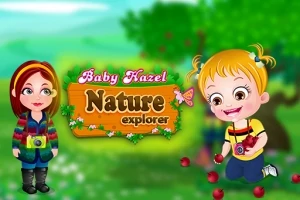 Dwie postacie, dziewczynka i kobieta z aparatami, na tle zielonego krajobrazu z napisem Nature Explorer