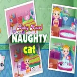 Dziewczynka z blond włosami trzyma białego kota, wokół zdjęcia ze scenami z życia dziecka w pokoju i łazience, z napisem Baby Hazel Naughty Cat