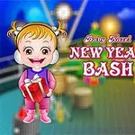 Dziewczynki ubrane w zimowe stroje, jedna trzymająca prezent, na tle kolorowej scenografii z napisem Baby Hazel New Year Bash