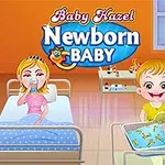 Dziewczynka uśmiecha się nad łóżeczkiem z noworodkiem, obok stoi dorosły mężczyzna, a w tle kobieta pijąca wodę leży w szpitalnym łóżku; na górze kolorowy napis