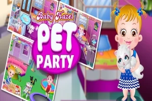 Dziewczynka w niebieskiej sukience trzyma białego kota, z lewej strony plansze kolorowych scenek z wnętrza pomieszczeń, na środku duży napis PET PARTY