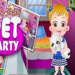 Dziewczynka w niebieskiej sukience trzyma białego kota, z lewej strony plansze kolorowych scenek z wnętrza pomieszczeń, na środku duży napis PET PARTY