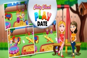 Kolorowa grafika przedstawiająca dzieci bawiące się na placu zabaw oraz dwie kobiety siedzące na ławce