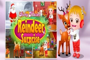 Dziewczynka w czerwonych nausznikach przytula renifera na tle świątecznych scenek z Mikołajem i choinką oraz kolorowym napisem Reindeer Surprise