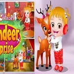 Dziewczynka w czerwonych nausznikach przytula renifera na tle świątecznych scenek z Mikołajem i choinką oraz kolorowym napisem Reindeer Surprise