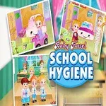 Dziewczynka z blond włosami i uśmiechem w stroju szkolnym na tle kolorowej klasy z plakatami i napisem School Hygiene