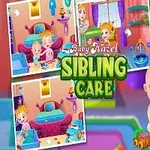 Ilustracja przedstawia dwoje małych dzieci w kolorowym pokoju z zabawkami, z centralnym napisem SIBLING CARE oraz dwoma oknami pokazującymi różne sceny z opieką nad rodzeństwem