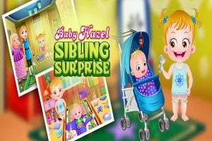 Dziewczynka stojąca obok wózka z niemowlęciem w środku, otoczona kolorowymi elementami i napisem Baby Hazel Sibling Surprise