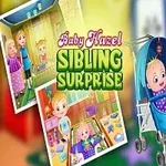 Dziewczynka stojąca obok wózka z niemowlęciem w środku, otoczona kolorowymi elementami i napisem Baby Hazel Sibling Surprise