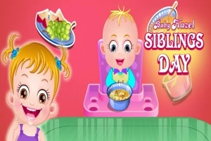 Dziewczynka z uśmiechem obok niemowlaka siedzącego w różowym krzesełku do karmienia, trzymającego miskę z jedzeniem, na tle napisu Siblings Day