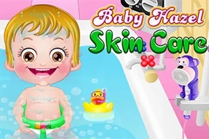 Małe dziecko z uśmiechem siedzi w wannie z kaczuszką, obok kolorowe napisy Baby Hazel Skin Care
